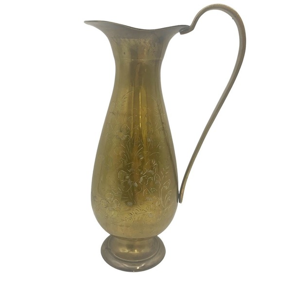 Vintage Brass Pitcher with Floral Design Engraved - Picture 2 of 11
